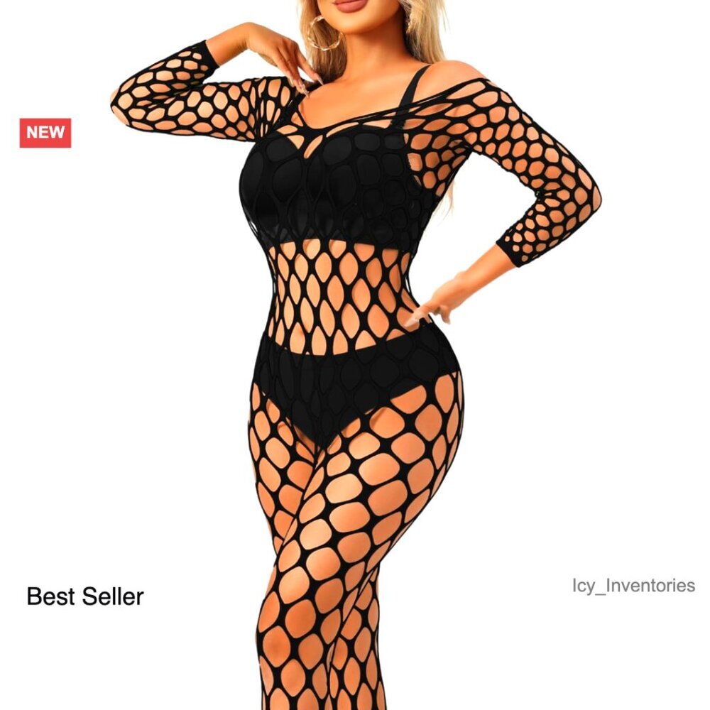 Sheer Fishnet Bodystocking Rave Glow Outfit Footed Dancewear Sexy Jumpsuit